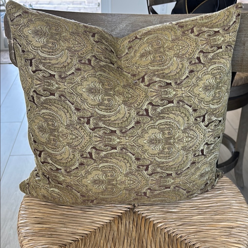 Pottery Barn Green and Brown Accent Pillow with Ornate Design